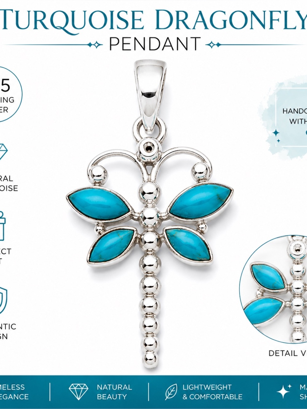 Turquoise Dragonfly Pendant Necklace - Blue Turquoise Sterling Style